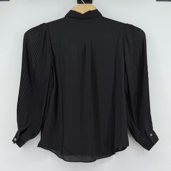 Tahari Black Pleated Puff Balloon Sleeve Button Up Shirt Womens L - Picture 2 of 8